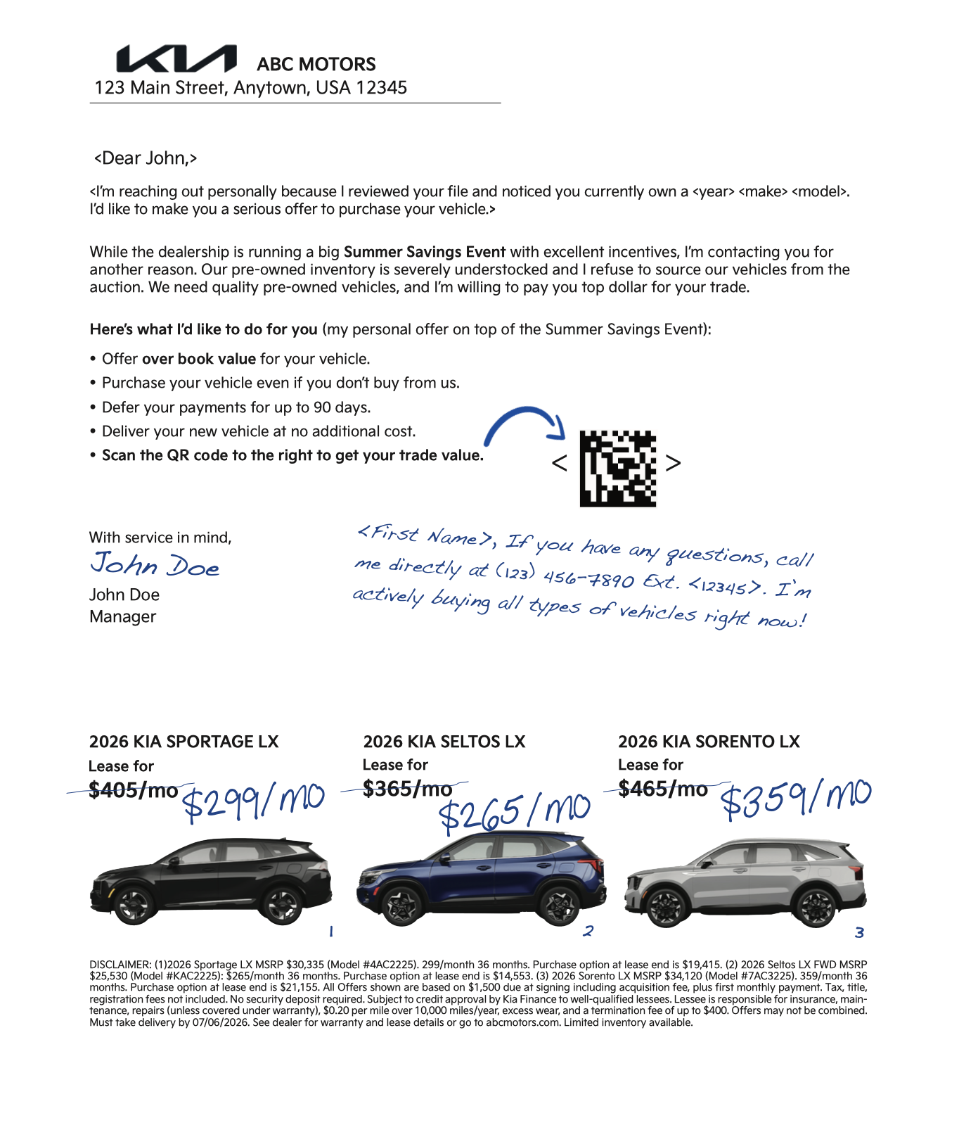 Personalized letter with vehicle data and vehicle grid